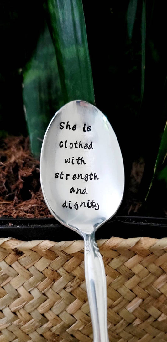 she is clothed with strength and dignity vintage silver plated soup spoon. The perfect sized for your coffee creamer. it will arrive in a beautiful felt bag along with a waterproof sticker.