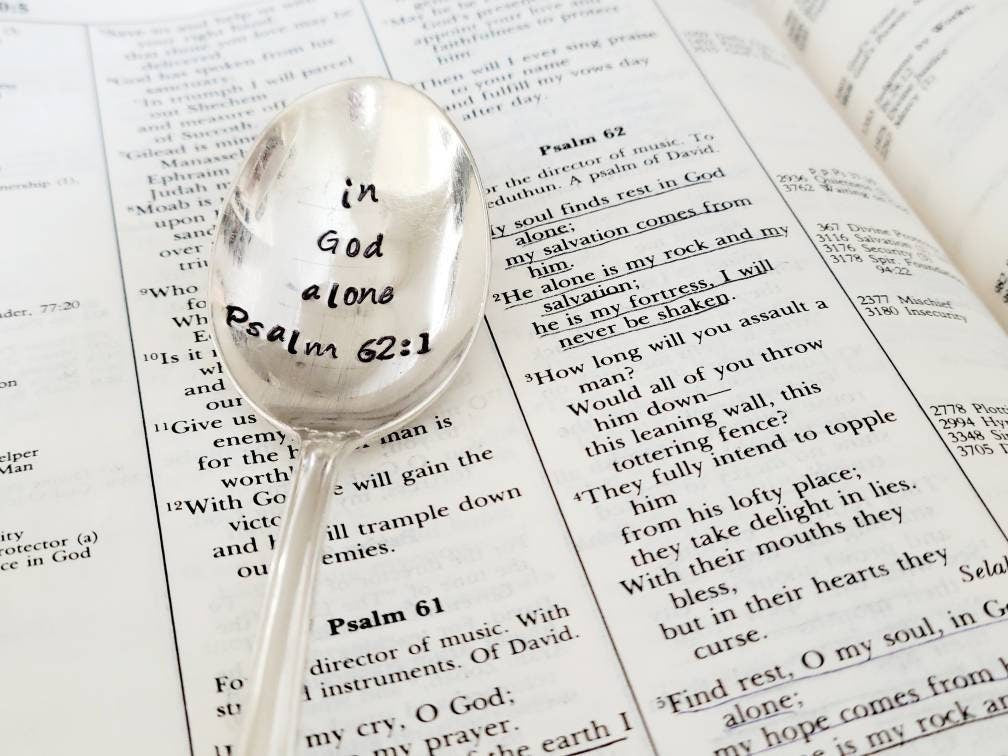 In God alone vintage silver plated teaspoon,hand stamped and placed in a felt bag along with a waterproof sticker