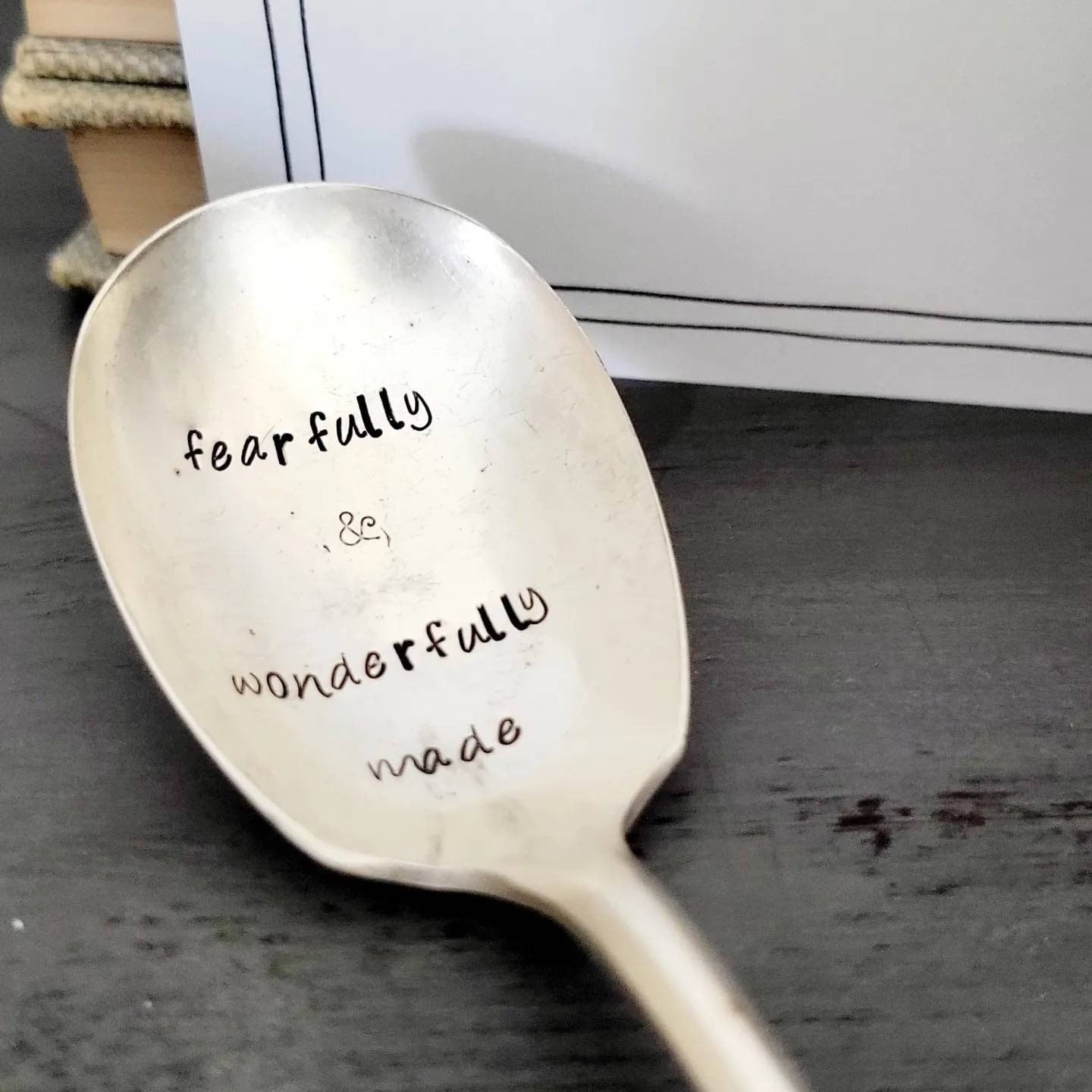 fearfully and wonderfully made handstamped vintage teaspoon. the spoon will be placed in a felt bag along with a waterproof sticker.