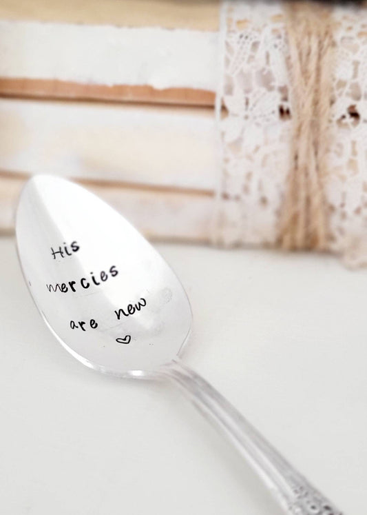 His mercies are new handstamped vintage silver plated teaspoon. It will be placed in a beautiful felt bag along with a waterproof sticker.