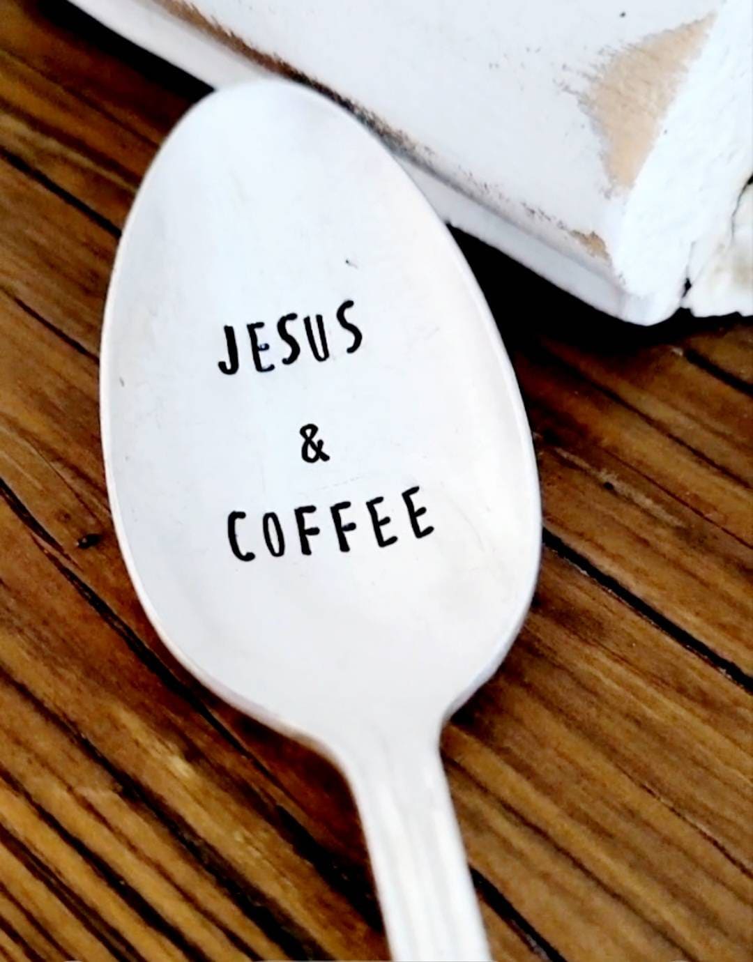 Jesus and coffee hand stamped vintage silver plated teaspoon, gift for coffee lover,gift for mom,gift for teacher,gift for daughter