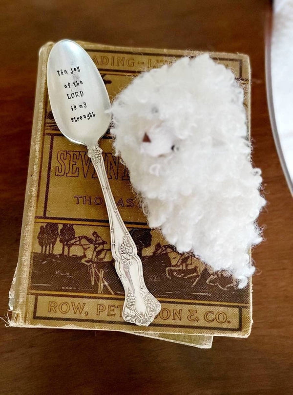 the joy of the Lord is my strength,hand stamped vintage soup spoon. it will be placed in a beautiful felt bag along with a waterproof sticker.