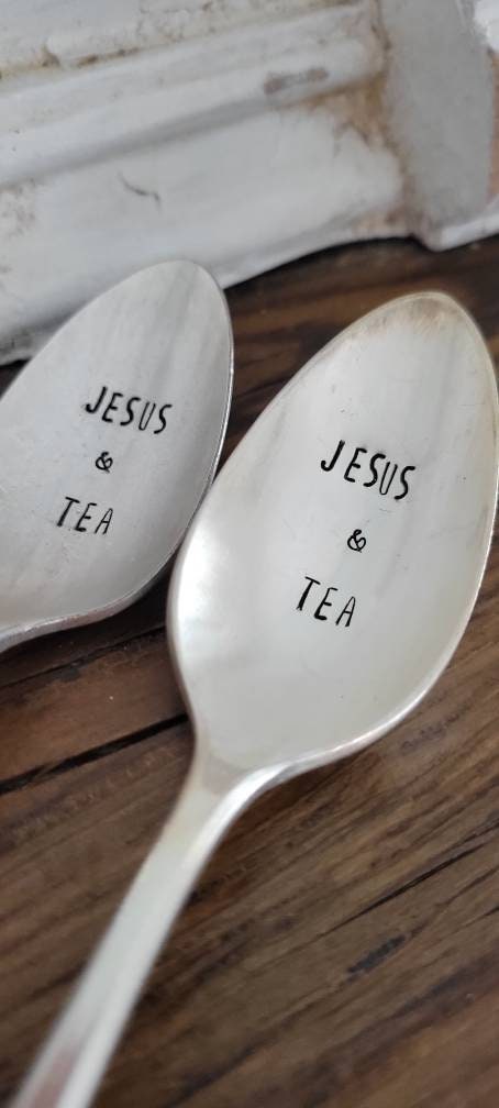 jesus and tea,faith gift,tea gift,tea basket idea,tea box idea,faith based gift,gift for neighbor,gift for mom,gift for wife,gift for daughter,gift for grandmother,unique tea gift,stamped spoon,spoon gift,tea spoon,