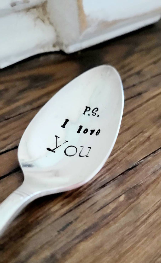 ps i love you, i love you gift,spoon gift,gift for lover,gift for husband,gift for wife,stamped spoon,engraved spoon,upcycled gift,upcycled silverware,recycled silverware,valentines gift for wife,birthday gift for wife,birthday gift for husband,coffe