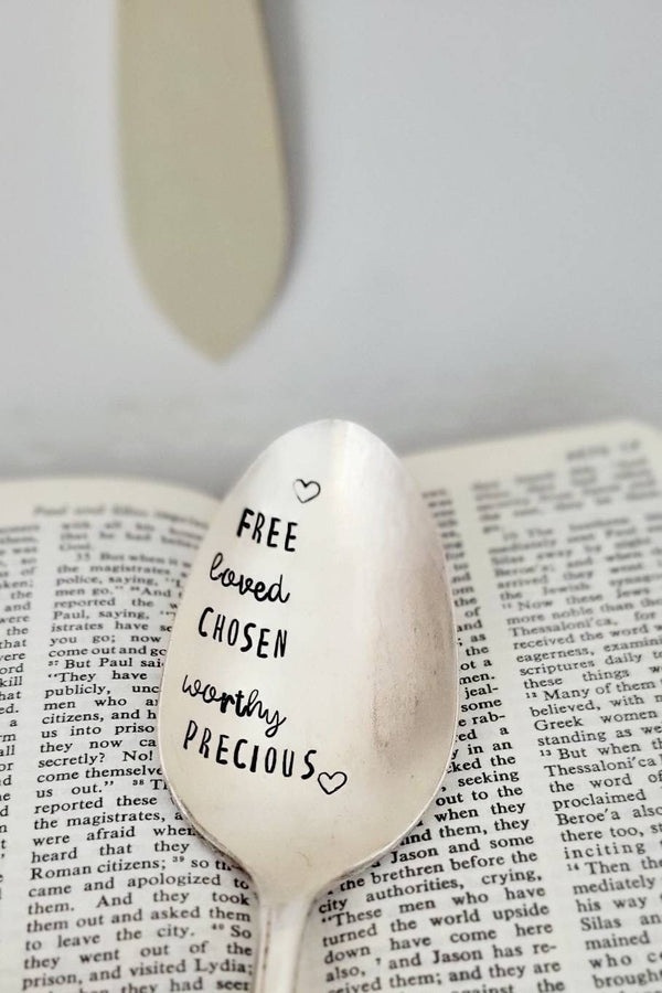 free loved chosen worthy precious hand stamped vintage soup spoon,it will be placed in a beautiful felt bag along with a waterproof sticker.