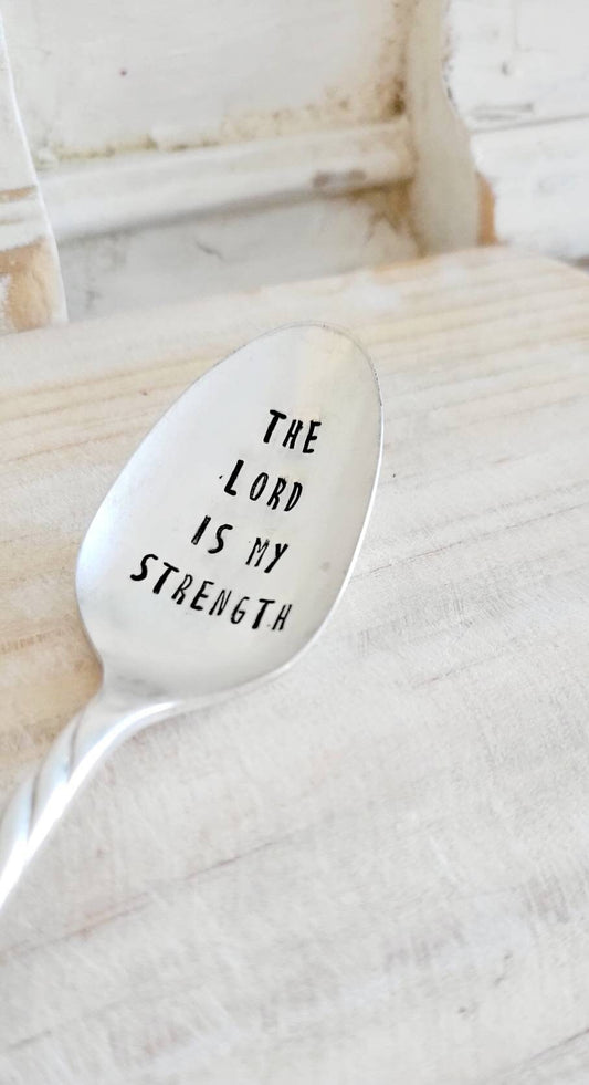 The Lord is my strength vintage silver plated teaspoon. Hand stamped and placed in a felt bag along with a water proof sticker.