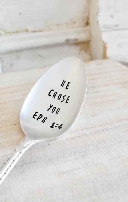 He chose you hand stamped vintage silver plated teaspoon, will come in a felt bag with a water proof sticker, gift for daughter,gift for wife,vintage gift,coffee gift,tea gift