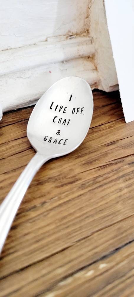 I Live Off Chai And Grace Vintage Silver-plated Teaspoon, chai lover,tea lover,gift for tea lover,grace and chai,gift for her,gift for wife