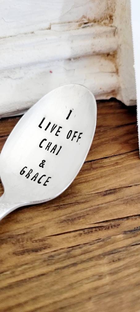 I Live Off Chai And Grace Vintage Silver-plated Teaspoon, chai lover,tea lover,gift for tea lover,grace and chai,gift for her,gift for wife