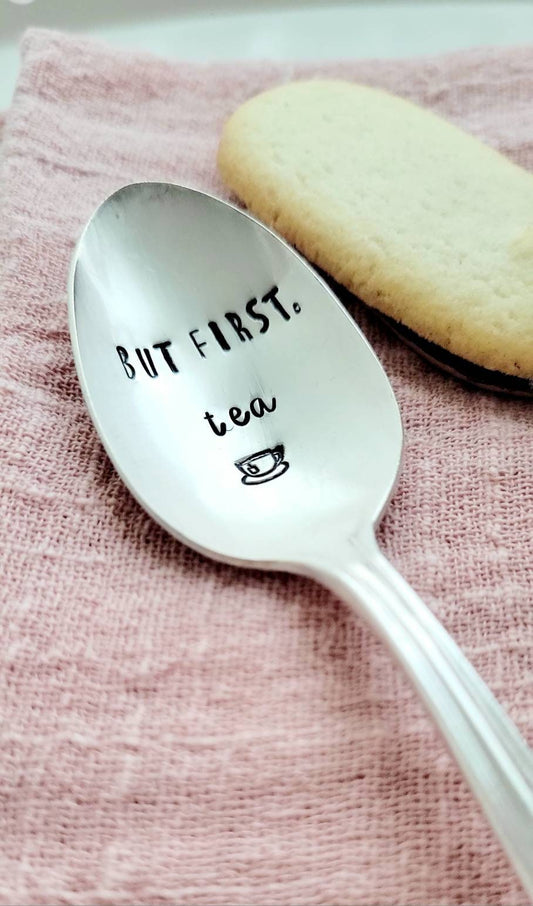 but first tea,tea lover gift,vintage tea spoon,vintage gift,gift for daughter,gift for aunt,teacher gift,stamped spoon,engraved spoon,birthday gift for wife,birthday gift for daughter,birthday gift for grandma