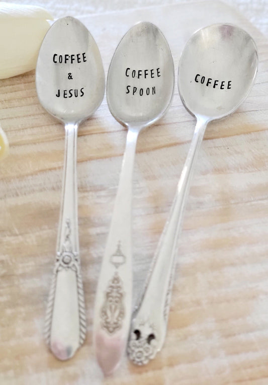 coffee spoons,vintage spoons,stamped spoons,engraved spoons,coffee gift,gift for coffee lover,jesus and coffee,coffee box,coffee basket,vintage gift,faith based gift,faith gift,gift for wife,gift for birthday,birthday gift,teacher gift