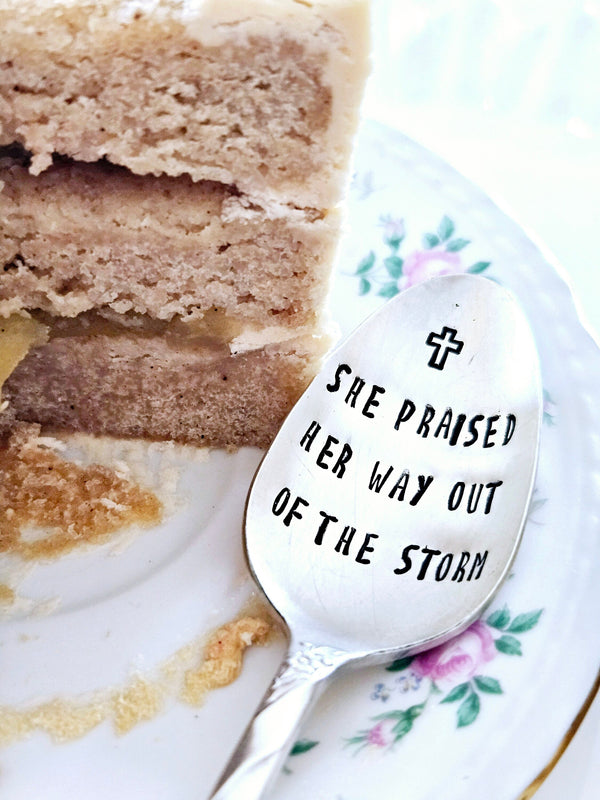 she praised her way out of the storm,gift for the sad,gift for grieving,faith gift,christian gift,gift for the faithful,praising him gift,god is good gift,you will be ok,god will take care of you,gift for sad friend,hand stamped vintage silver plated