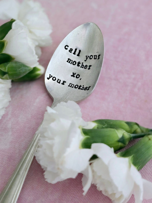 call your mother,gift from mom to son,gift from mom to daughter,cute gift to son from mom,cute gift to daughter from mom,stamped spoon from mom,engraved spoon