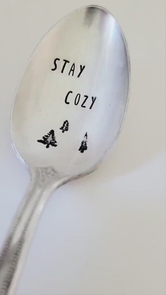 Stay Cozy Vintage Hand Stamped Silver Plated Teaspoon,Stocking Gift, Gift for friend,gift for teacher,house warming gift,gift for mom